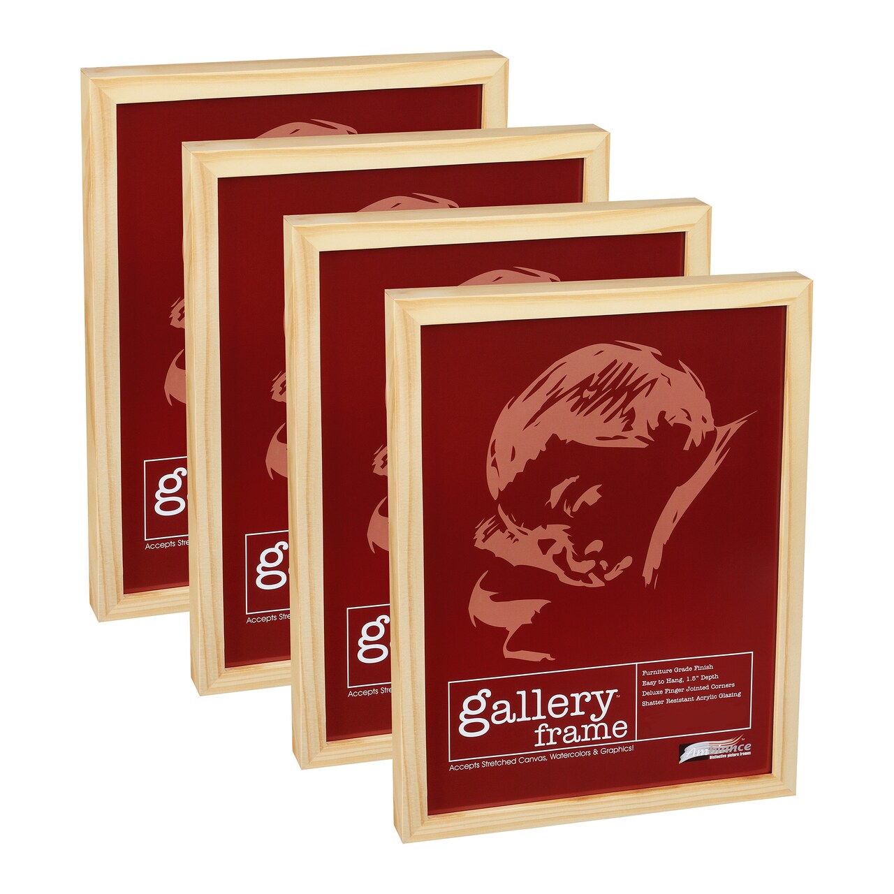 Ambiance Gallery Wood 1.5" Deep Picture Frames - 12x12" 4-Pack, Natural Wood Frames, Shatter-Resistant Acrylic Glazing & MDF Backing, Horizontal or Vertical Wall Display
